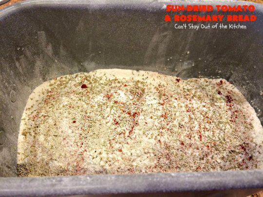 Sun-Dried Tomato and Rosemary Bread | Can't Stay Out of the Kitchen | this amazing #HomemadeBread #recipe is so easy since it's made in the #Breadmaker. It uses #SunDriedTomatoes & has a little pop from #rosemary & paprika. Delicious as a dinner #bread or for #breakfast. #BreadmakerBread #SunDriedTomatoAndRosemaryBread