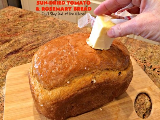 Sun-Dried Tomato and Rosemary Bread | Can't Stay Out of the Kitchen | this amazing #HomemadeBread #recipe is so easy since it's made in the #Breadmaker. It uses #SunDriedTomatoes & has a little pop from #rosemary & paprika. Delicious as a dinner #bread or for #breakfast. #BreadmakerBread #SunDriedTomatoAndRosemaryBread