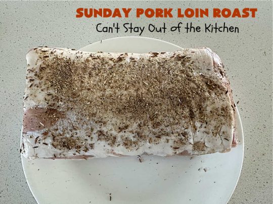 Sunday Pork Loin Roast | Can't Stay Out of the Kitchen | this amazing #PorkLoinRoast #dinner is a completely #OneDishMeal since it includes #carrots, #potatoes & #gravy! Terrific for family or company dinners & the leftovers reheat well too. The #herb-rubbed #PorkLoin flavors the #gravy & #vegetables wonderfully. #SundayPorkLoinRoast