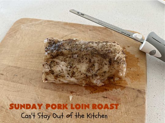 Sunday Pork Loin Roast | Can't Stay Out of the Kitchen | this amazing #PorkLoinRoast #dinner is a completely #OneDishMeal since it includes #carrots, #potatoes & #gravy! Terrific for family or company dinners & the leftovers reheat well too. The #herb-rubbed #PorkLoin flavors the #gravy & #vegetables wonderfully. #SundayPorkLoinRoast