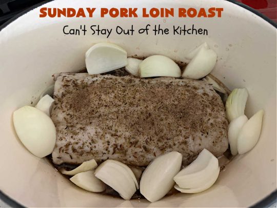 Sunday Pork Loin Roast | Can't Stay Out of the Kitchen | this amazing #PorkLoinRoast #dinner is a completely #OneDishMeal since it includes #carrots, #potatoes & #gravy! Terrific for family or company dinners & the leftovers reheat well too. The #herb-rubbed #PorkLoin flavors the #gravy & #vegetables wonderfully. #SundayPorkLoinRoast