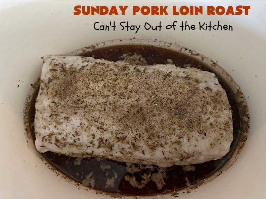 Sunday Pork Loin Roast | Can't Stay Out of the Kitchen | this amazing #PorkLoinRoast #dinner is a completely #OneDishMeal since it includes #carrots, #potatoes & #gravy! Terrific for family or company dinners & the leftovers reheat well too. The #herb-rubbed #PorkLoin flavors the #gravy & #vegetables wonderfully. #SundayPorkLoinRoast