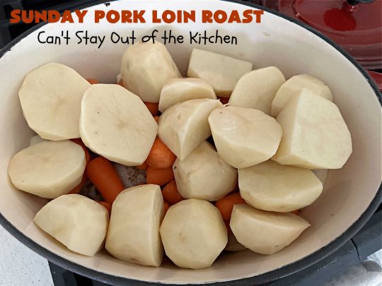 Sunday Pork Loin Roast | Can't Stay Out of the Kitchen | this amazing #PorkLoinRoast #dinner is a completely #OneDishMeal since it includes #carrots, #potatoes & #gravy! Terrific for family or company dinners & the leftovers reheat well too. The #herb-rubbed #PorkLoin flavors the #gravy & #vegetables wonderfully. #SundayPorkLoinRoast