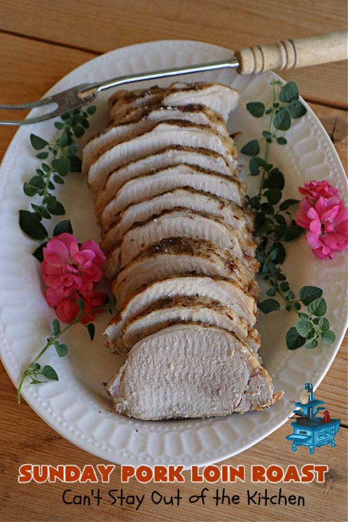 Sunday Pork Loin Roast | Can't Stay Out of the Kitchen | this amazing #PorkLoinRoast #dinner is a completely #OneDishMeal since it includes #carrots, #potatoes & #gravy! Terrific for family or company dinners & the leftovers reheat well too. The #herb-rubbed #PorkLoin flavors the #gravy & #vegetables wonderfully. #SundayPorkLoinRoast