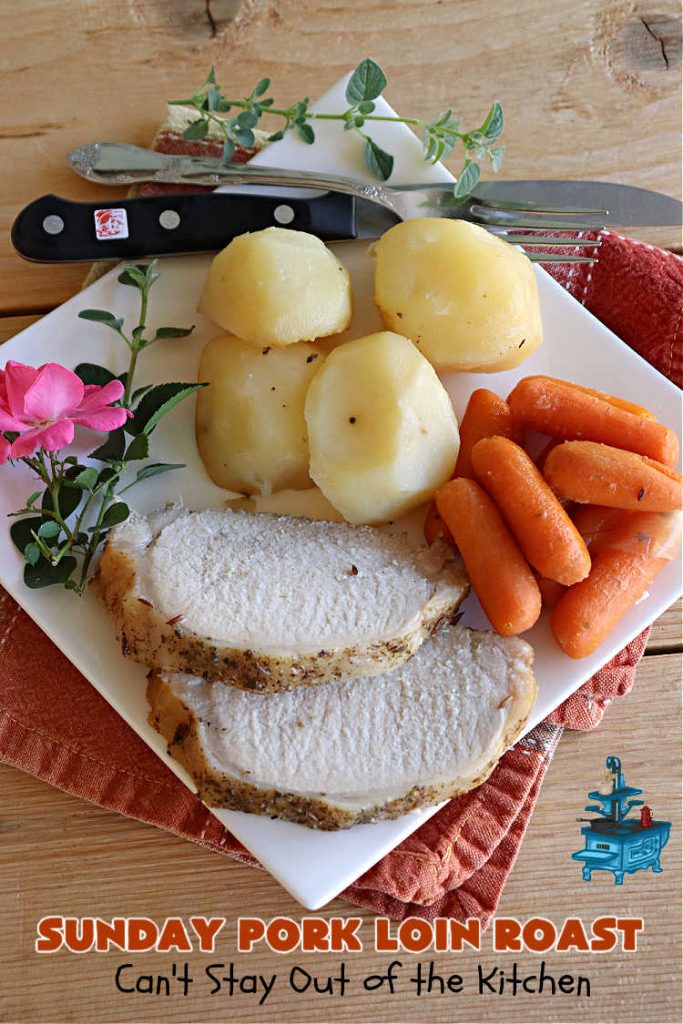 Sunday Pork Loin Roast | Can't Stay Out of the Kitchen | this amazing #PorkLoinRoast #dinner is a completely #OneDishMeal since it includes #carrots, #potatoes & #gravy! Terrific for family or company dinners & the leftovers reheat well too. The #herb-rubbed #PorkLoin flavors the #gravy & #vegetables wonderfully. #SundayPorkLoinRoast
