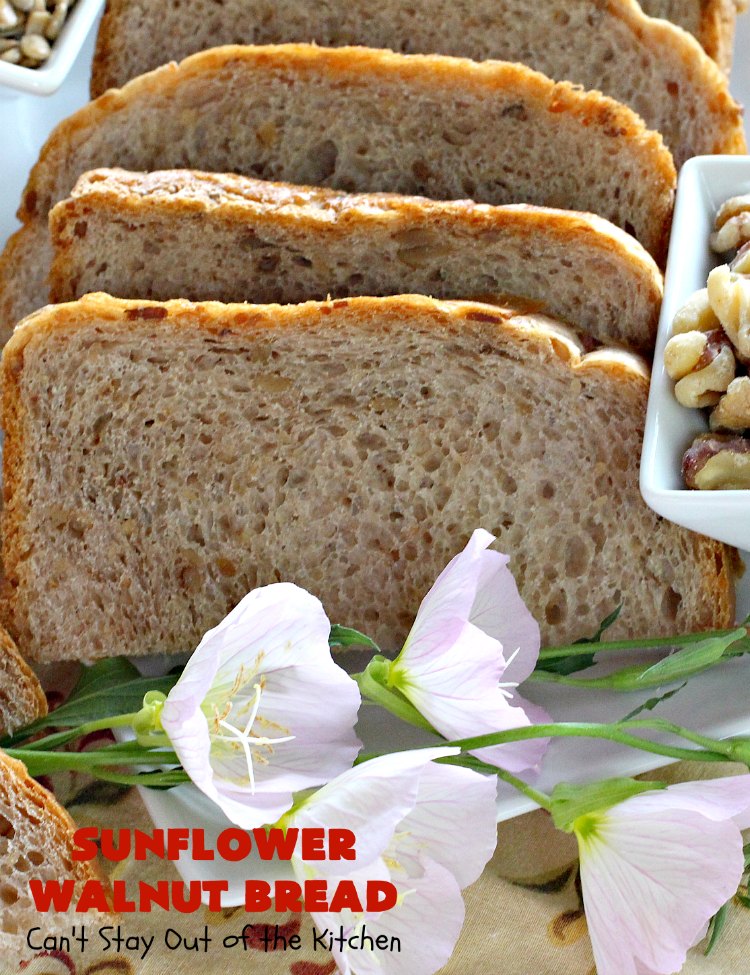 Sunflower Walnut Bread | Can't Stay Out of the Kitchen | this delicious home-baked #bread is so easy to make since it's made in the #breadmaker! It includes #SunflowerSeeds & #walnuts for increased flavor and texture. Perfect for #Breakfast or as a dinner bread. #SunflowerWalnutBread