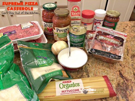 Supreme Pizza Casserole | Can't Stay Out of the Kitchen | this fantastic #pasta #casserole is filled with #fettucini, #mozzarella, #parmesan & #pepperoni. It's like eating #pizza in #pasta form! Totally delicious & kid friendly. #beef