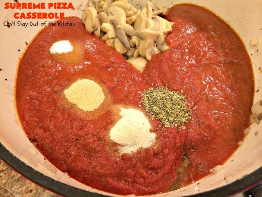 Supreme Pizza Casserole | Can't Stay Out of the Kitchen | this fantastic #pasta #casserole is filled with #fettucini, #mozzarella, #parmesan & #pepperoni. It's like eating #pizza in #pasta form! Totally delicious & kid friendly. #beef