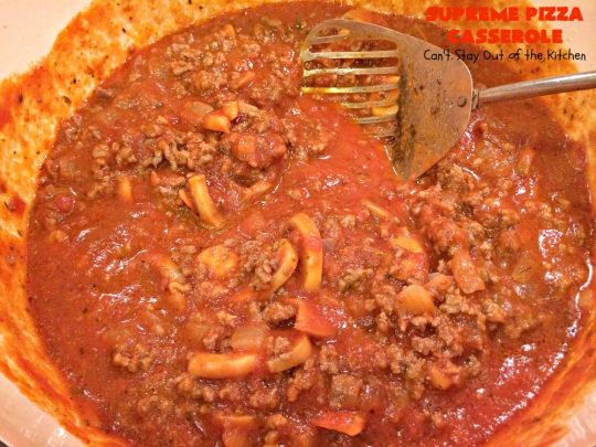 Supreme Pizza Casserole | Can't Stay Out of the Kitchen | this fantastic #pasta #casserole is filled with #fettucini, #mozzarella, #parmesan & #pepperoni. It's like eating #pizza in #pasta form! Totally delicious & kid friendly. #beef