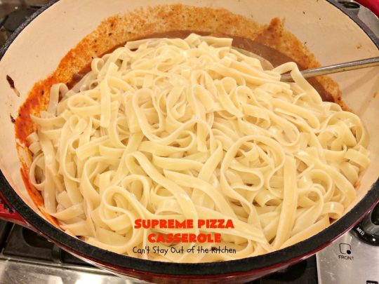 Supreme Pizza Casserole | Can't Stay Out of the Kitchen | this fantastic #pasta #casserole is filled with #fettucini, #mozzarella, #parmesan & #pepperoni. It's like eating #pizza in #pasta form! Totally delicious & kid friendly. #beef