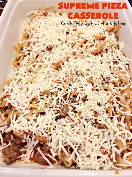 Supreme Pizza Casserole | Can't Stay Out of the Kitchen | this fantastic #pasta #casserole is filled with #fettucini, #mozzarella, #parmesan & #pepperoni. It's like eating #pizza in #pasta form! Totally delicious & kid friendly. #beef