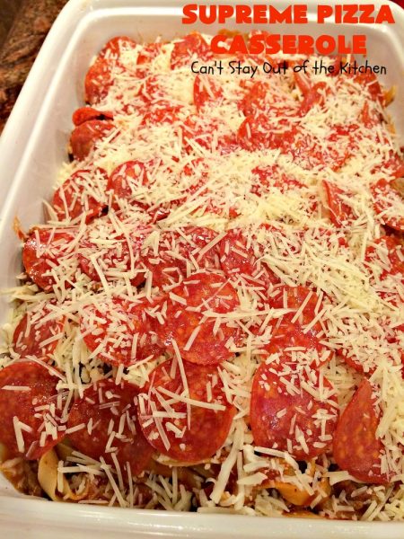 Supreme Pizza Casserole | Can't Stay Out of the Kitchen | this fantastic #pasta #casserole is filled with #fettucini, #mozzarella, #parmesan & #pepperoni. It's like eating #pizza in #pasta form! Totally delicious & kid friendly. #beef