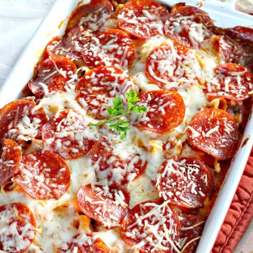 Supreme Pizza Casserole | Can't Stay Out of the Kitchen | this fantastic #pasta #casserole is filled with #fettucini, #mozzarella, #parmesan & #pepperoni. It's like eating #pizza in #pasta form! Totally delicious & kid friendly. #beef
