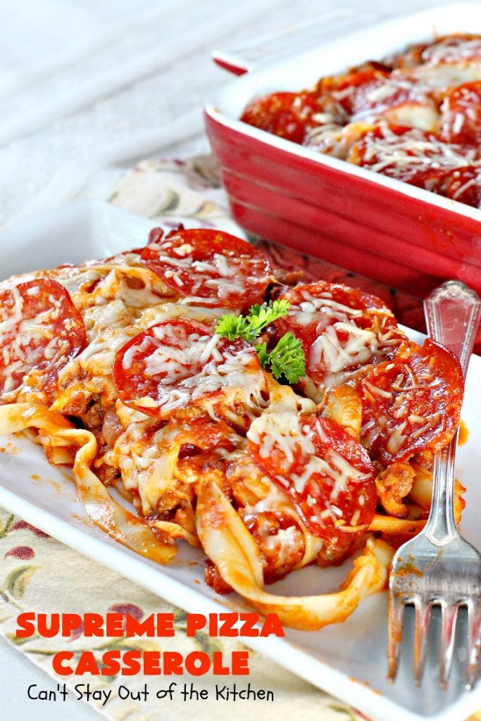 Supreme Pizza Casserole | Can't Stay Out of the Kitchen | this fantastic #pasta #casserole is filled with #fettucini, #mozzarella, #parmesan & #pepperoni. It's like eating #pizza in #pasta form! Totally delicious & kid friendly. #beef