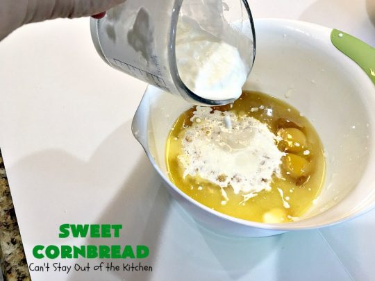 Sweet Cornbread | Can't Stay Out of the Kitchen | this is one of the best #cornbread #recipes you'll ever eat! It used a can of #CreamedCorn so it's hearty, filling and totally satisfying. It's wonderful for any main dish meal. #corn #cornmeal #SweetCornbread