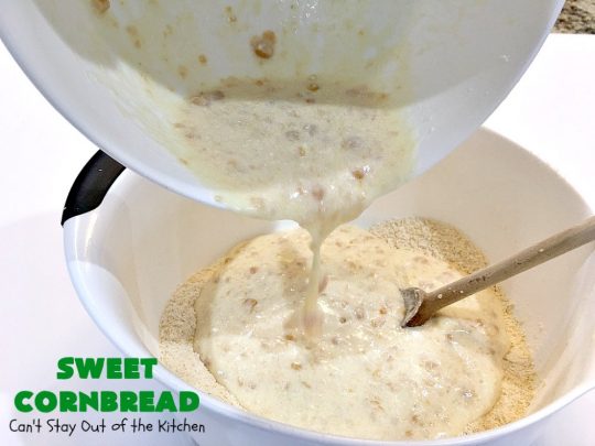 Sweet Cornbread | Can't Stay Out of the Kitchen | this is one of the best #cornbread #recipes you'll ever eat! It used a can of #CreamedCorn so it's hearty, filling and totally satisfying. It's wonderful for any main dish meal. #corn #cornmeal #SweetCornbread