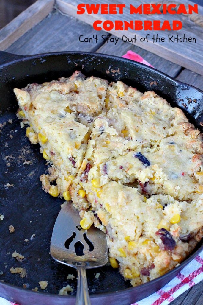 Sweet Mexican Cornbread | Can't Stay Out of the Kitchen | this is one of the best #cornbread #recipes ever! It starts with a #Zatarains honey butter cornbread mix. Add Fiesta #corn, green #chilies & #bacon & you have the most heavenly cornbread you'll ever eat. Perfect side for any soup, stew or chili recipe. #TexMex #SweetMexicanCornbread