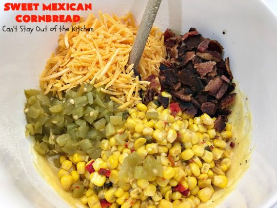 Sweet Mexican Cornbread | Can't Stay Out of the Kitchen | this is one of the best #cornbread #recipes ever! It starts with a #Zatarains honey butter cornbread mix. Add Fiesta #corn, green #chilies & #bacon & you have the most heavenly cornbread you'll ever eat. Perfect side for any soup, stew or chili recipe. #TexMex #SweetMexicanCornbread