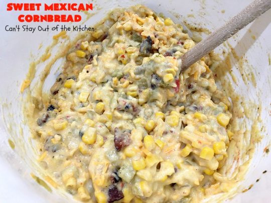 Sweet Mexican Cornbread | Can't Stay Out of the Kitchen | this is one of the best #cornbread #recipes ever! It starts with a #Zatarains honey butter cornbread mix. Add Fiesta #corn, green #chilies & #bacon & you have the most heavenly cornbread you'll ever eat. Perfect side for any soup, stew or chili recipe. #TexMex #SweetMexicanCornbread
