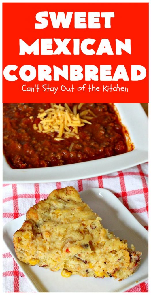 Sweet Mexican Cornbread | Can't Stay Out of the Kitchen | this is one of the best #cornbread #recipes ever! It starts with a #Zatarains honey butter cornbread mix. Add Fiesta #corn, green #chilies  & #bacon & you have the most heavenly cornbread you'll ever eat. Perfect side for any soup, stew or chili recipe. #TexMex #SweetMexicanCornbread