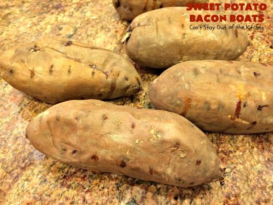 Sweet Potato Bacon Boats | Can't Stay Out of the Kitchen | Amazing #sidedish loaded with #bacon & #cheddarcheese. This is my favorite #SweetPotatoes #recipe for #holidays like #Thanksgiving or #Christmas. 