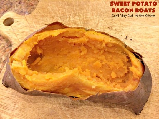 Sweet Potato Bacon Boats | Can't Stay Out of the Kitchen | Amazing #sidedish loaded with #bacon & #cheddarcheese. This is my favorite #SweetPotatoes #recipe for #holidays like #Thanksgiving or #Christmas. 