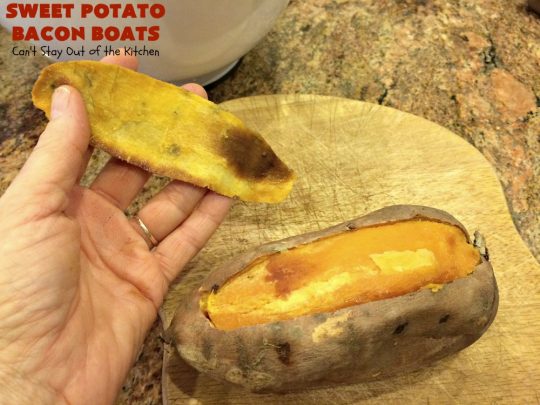 Sweet Potato Bacon Boats | Can't Stay Out of the Kitchen | Amazing #sidedish loaded with #bacon & #cheddarcheese. This is my favorite #SweetPotatoes #recipe for #holidays like #Thanksgiving or #Christmas. 