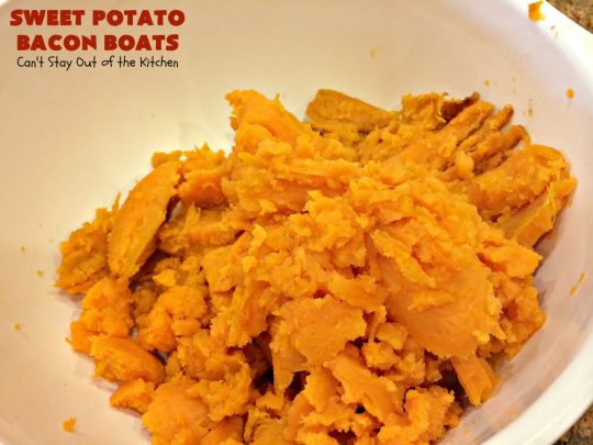 Sweet Potato Bacon Boats | Can't Stay Out of the Kitchen | Amazing #sidedish loaded with #bacon & #cheddarcheese. This is my favorite #SweetPotatoes #recipe for #holidays like #Thanksgiving or #Christmas. 