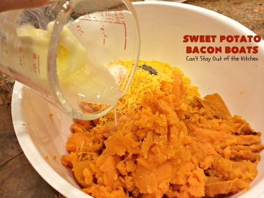 Sweet Potato Bacon Boats | Can't Stay Out of the Kitchen | Amazing #sidedish loaded with #bacon & #cheddarcheese. This is my favorite #SweetPotatoes #recipe for #holidays like #Thanksgiving or #Christmas. 