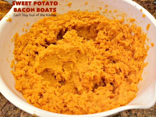 Sweet Potato Bacon Boats | Can't Stay Out of the Kitchen | Amazing #sidedish loaded with #bacon & #cheddarcheese. This is my favorite #SweetPotatoes #recipe for #holidays like #Thanksgiving or #Christmas. 