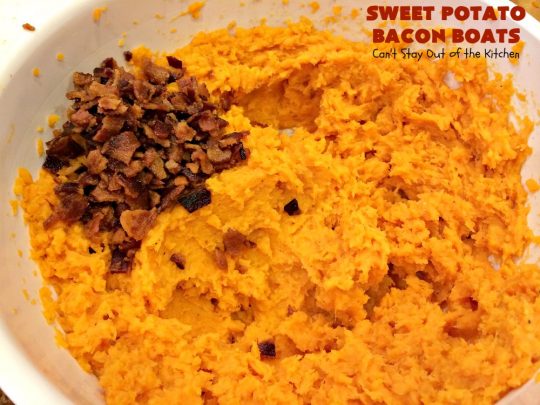 Sweet Potato Bacon Boats | Can't Stay Out of the Kitchen | Amazing #sidedish loaded with #bacon & #cheddarcheese. This is my favorite #SweetPotatoes #recipe for #holidays like #Thanksgiving or #Christmas. 