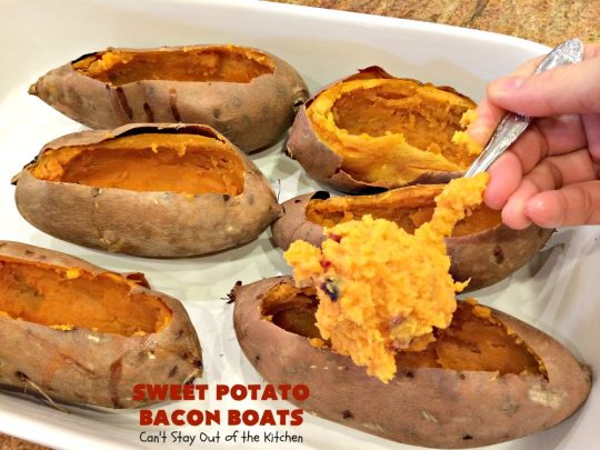 Sweet Potato Bacon Boats | Can't Stay Out of the Kitchen | Amazing #sidedish loaded with #bacon & #cheddarcheese. This is my favorite #SweetPotatoes #recipe for #holidays like #Thanksgiving or #Christmas. 