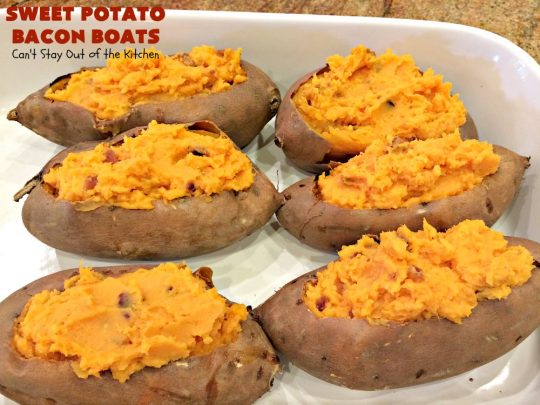 Sweet Potato Bacon Boats | Can't Stay Out of the Kitchen | Amazing #sidedish loaded with #bacon & #cheddarcheese. This is my favorite #SweetPotatoes #recipe for #holidays like #Thanksgiving or #Christmas. 