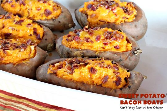 Sweet Potato Bacon Boats | Can't Stay Out of the Kitchen | Amazing #sidedish loaded with #bacon & #cheddarcheese. This is my favorite #SweetPotatoes #recipe for #holidays like #Thanksgiving or #Christmas. 