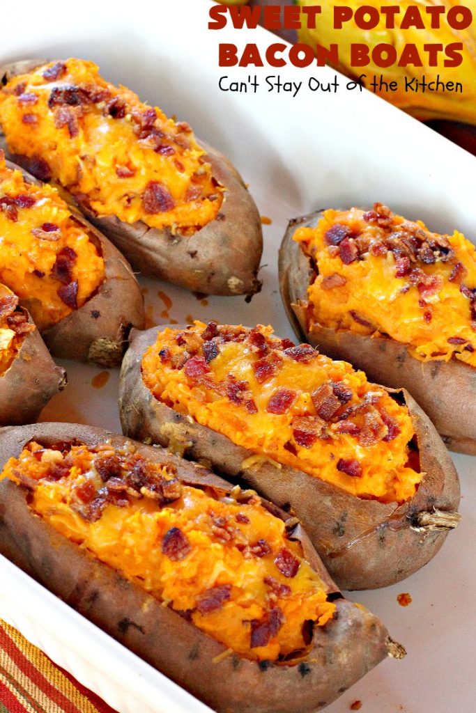 Sweet Potato Bacon Boats | Can't Stay Out of the Kitchen | Amazing #sidedish loaded with #bacon & #cheddarcheese. This is my favorite #SweetPotatoes #recipe for #holidays like #Thanksgiving or #Christmas. 