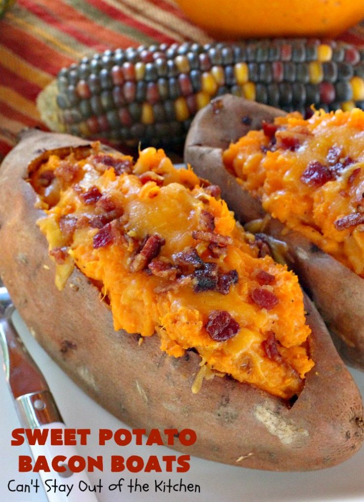 Sweet Potato Bacon Boats | Can't Stay Out of the Kitchen | Amazing #sidedish loaded with #bacon & #cheddarcheese. This is my favorite #SweetPotatoes #recipe for #holidays like #Thanksgiving or #Christmas. 