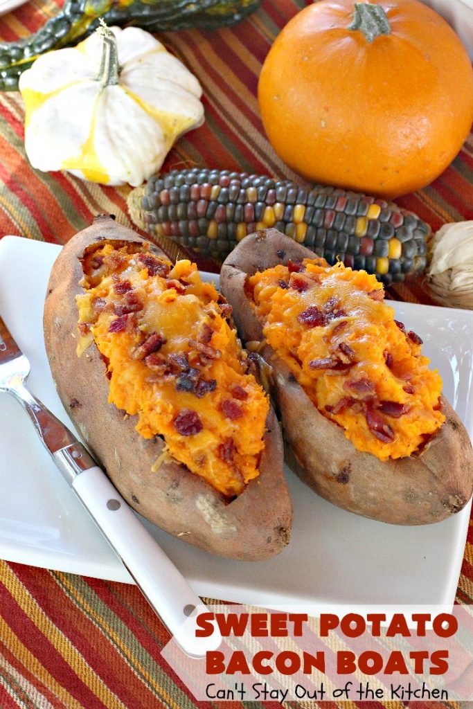Sweet Potato Bacon Boats | Can't Stay Out of the Kitchen | Amazing #sidedish loaded with #bacon & #cheddarcheese. This is my favorite #SweetPotatoes #recipe for #holidays like #Thanksgiving or #Christmas. 
