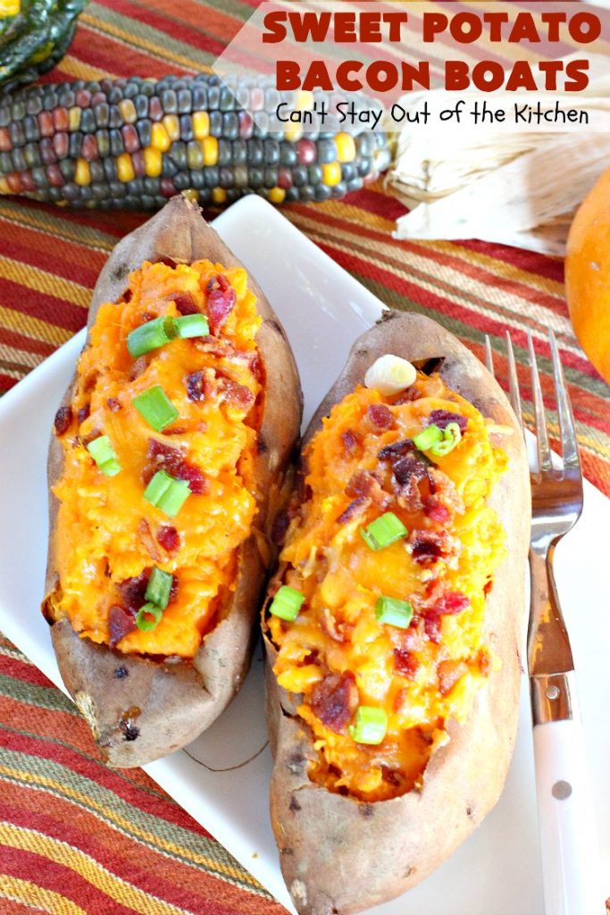 Sweet Potato Bacon Boats | Can't Stay Out of the Kitchen | Amazing #sidedish loaded with #bacon & #cheddarcheese. This is my favorite #SweetPotatoes #recipe for #holidays like #Thanksgiving or #Christmas. 