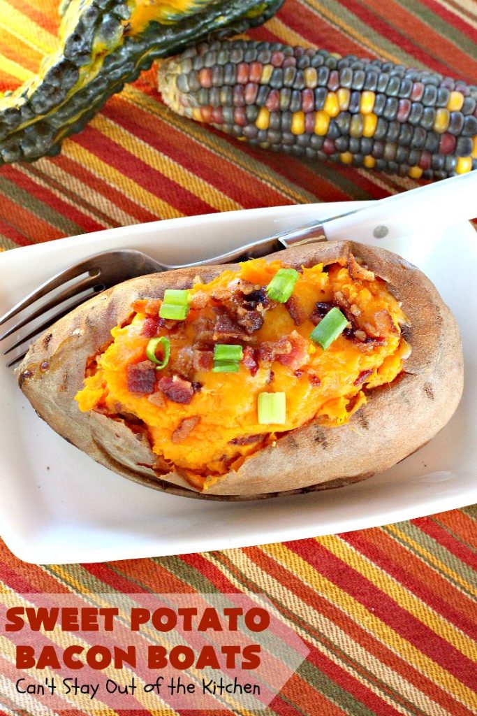 Sweet Potato Bacon Boats | Can't Stay Out of the Kitchen | Amazing #sidedish loaded with #bacon & #cheddarcheese. This is my favorite #SweetPotatoes #recipe for #holidays like #Thanksgiving or #Christmas. 