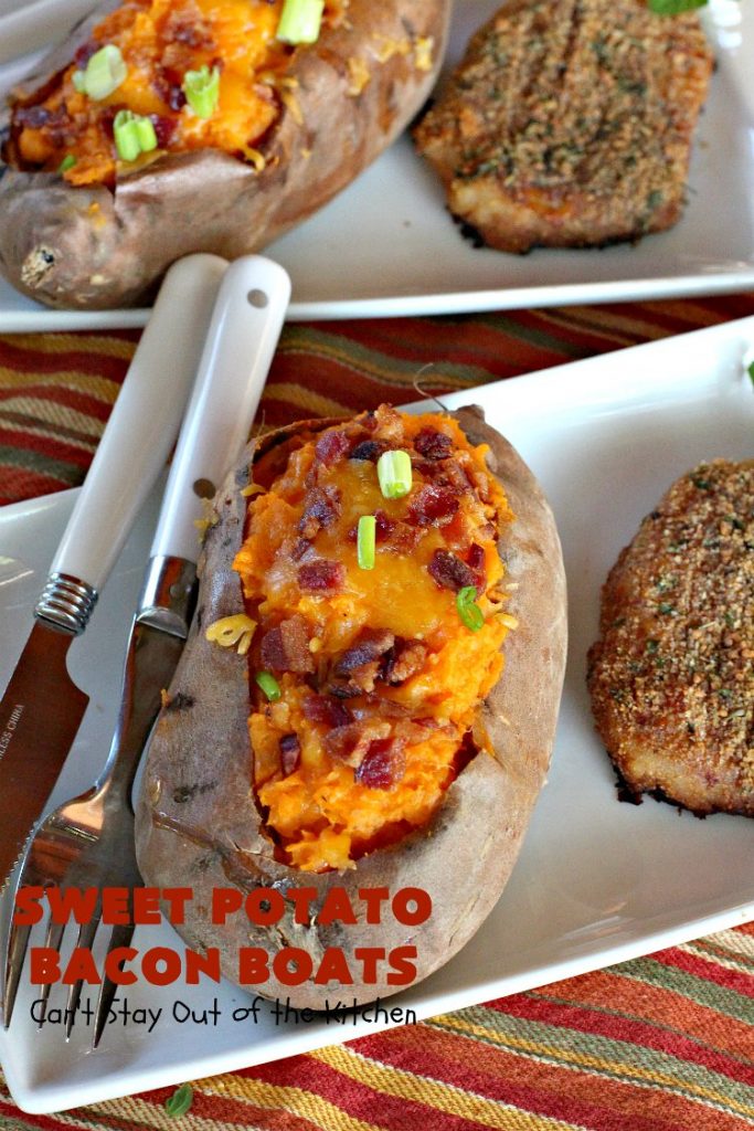 Sweet Potato Bacon Boats | Can't Stay Out of the Kitchen | Amazing #sidedish loaded with #bacon & #cheddarcheese. This is my favorite #SweetPotatoes #recipe for #holidays like #Thanksgiving or #Christmas. 
