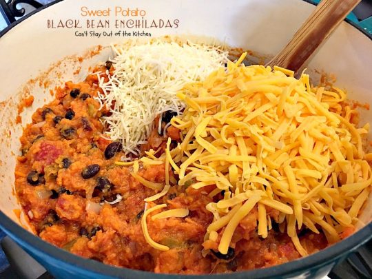 Sweet Potato Black Bean Enchiladas | Can't Stay Out of the Kitchen | these #enchiladas are absolutely awesome. Great #TexMex #MeatlessMonday recipe. #glutenfree #blackbeans #sweetpotatoes 