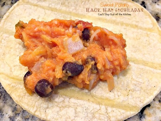 Sweet Potato Black Bean Enchiladas | Can't Stay Out of the Kitchen | these #enchiladas are absolutely awesome. Great #TexMex #MeatlessMonday recipe. #glutenfree #blackbeans #sweetpotatoes 