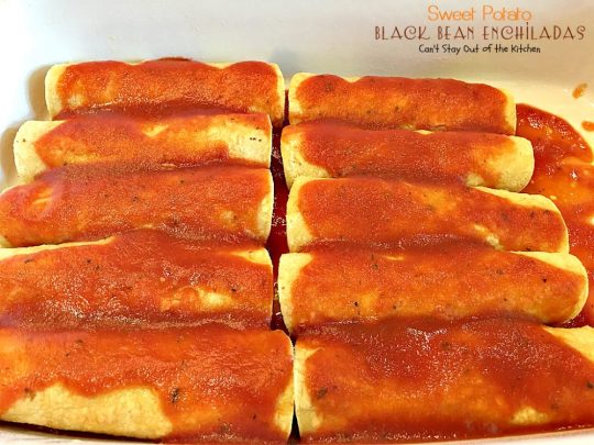 Sweet Potato Black Bean Enchiladas | Can't Stay Out of the Kitchen | these #enchiladas are absolutely awesome. Great #TexMex #MeatlessMonday recipe. #glutenfree #blackbeans #sweetpotatoes 