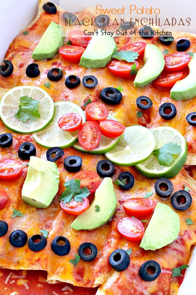 Sweet Potato Black Bean Enchiladas | Can't Stay Out of the Kitchen | these #enchiladas are absolutely awesome. Great #TexMex #MeatlessMonday recipe. #glutenfree #blackbeans #sweetpotatoes 