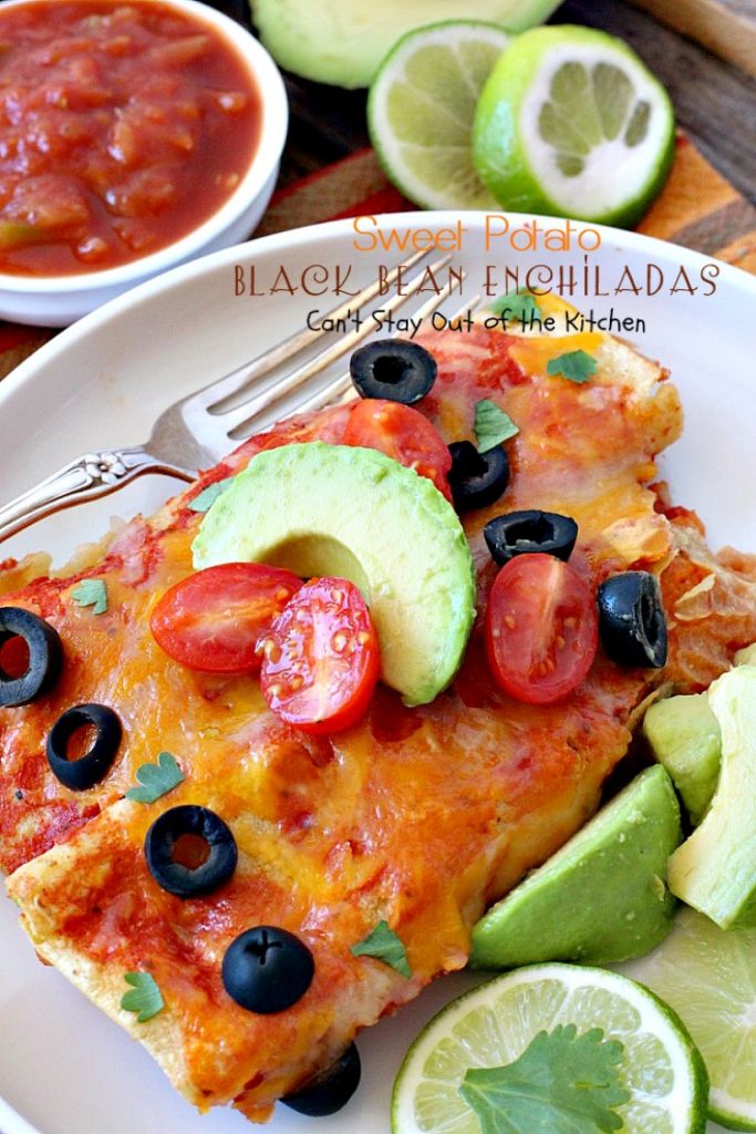 Sweet Potato Black Bean Enchiladas | Can't Stay Out of the Kitchen | these #enchiladas are absolutely awesome. Great #TexMex #MeatlessMonday recipe. #glutenfree #blackbeans #sweetpotatoes 