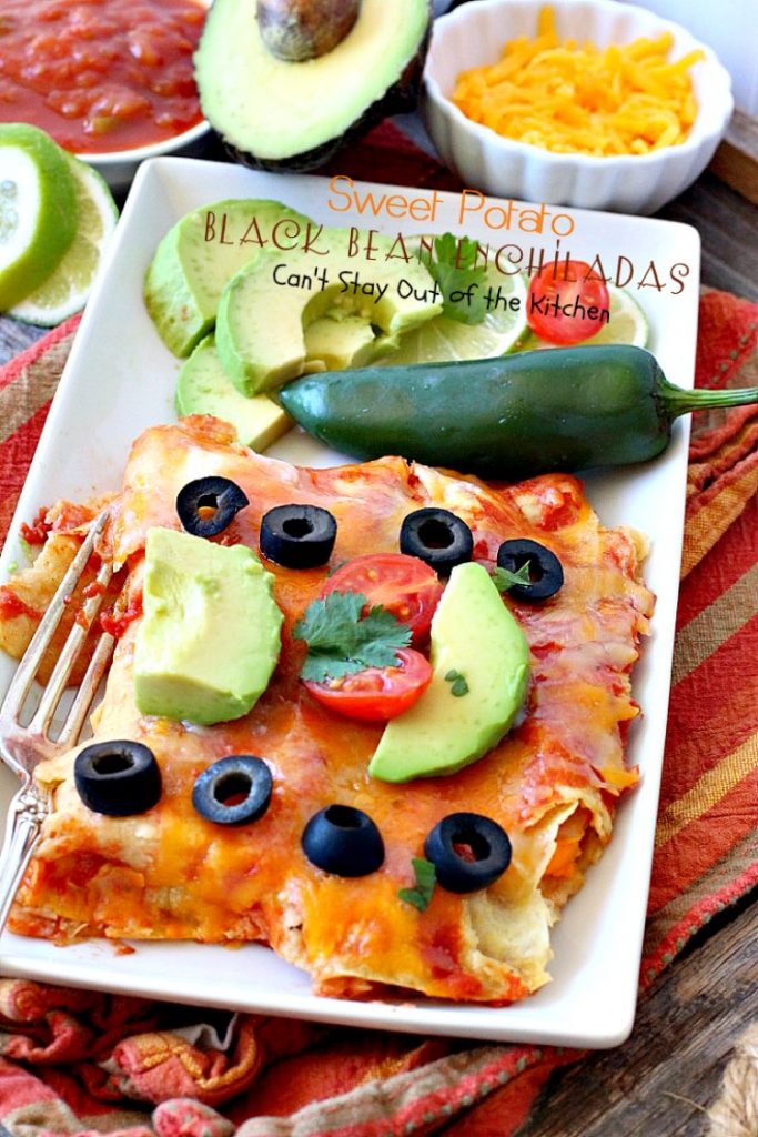 Sweet Potato Black Bean Enchiladas | Can't Stay Out of the Kitchen | these #enchiladas are absolutely awesome. Great #TexMex #MeatlessMonday recipe. #glutenfree #blackbeans #sweetpotatoes 
