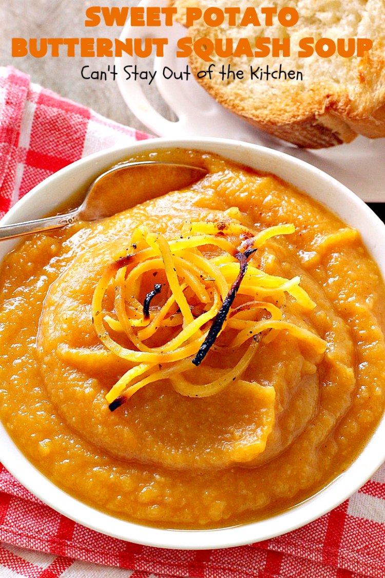Sweet Potato Butternut Squash Soup | Can't Stay Out of the Kitchen | this delectable 30-minute #soup is amazing comfort food. It's terrific for cold, winter days. It's healthy, #glutenfree & #vegan. #apples #butternutsquash #sweetpotatoes