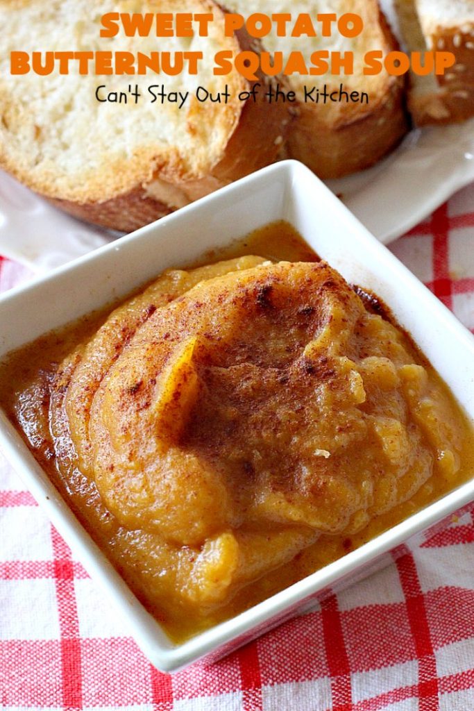Sweet Potato Butternut Squash Soup | Can't Stay Out of the Kitchen | this delectable 30-minute #soup is amazing comfort food. It's terrific for cold, winter days. It's healthy, #glutenfree & #vegan. #apples #butternutsquash #sweetpotatoes 