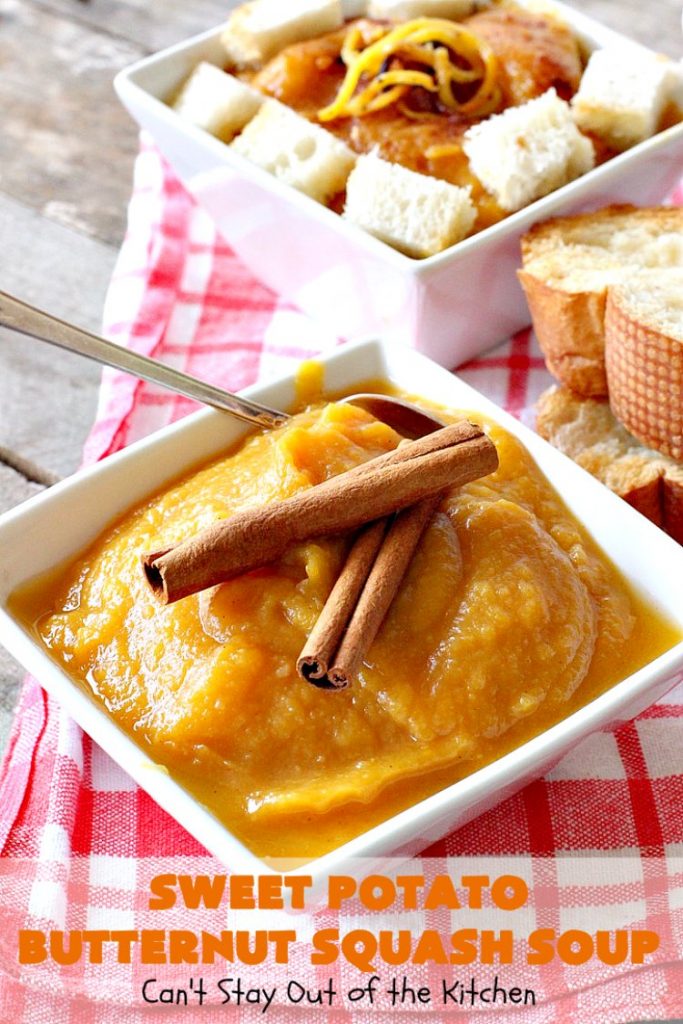 Sweet Potato Butternut Squash Soup | Can't Stay Out of the Kitchen | this delectable 30-minute #soup is amazing comfort food. It's terrific for cold, winter days. It's healthy, #glutenfree & #vegan. #apples #butternutsquash #sweetpotatoes 