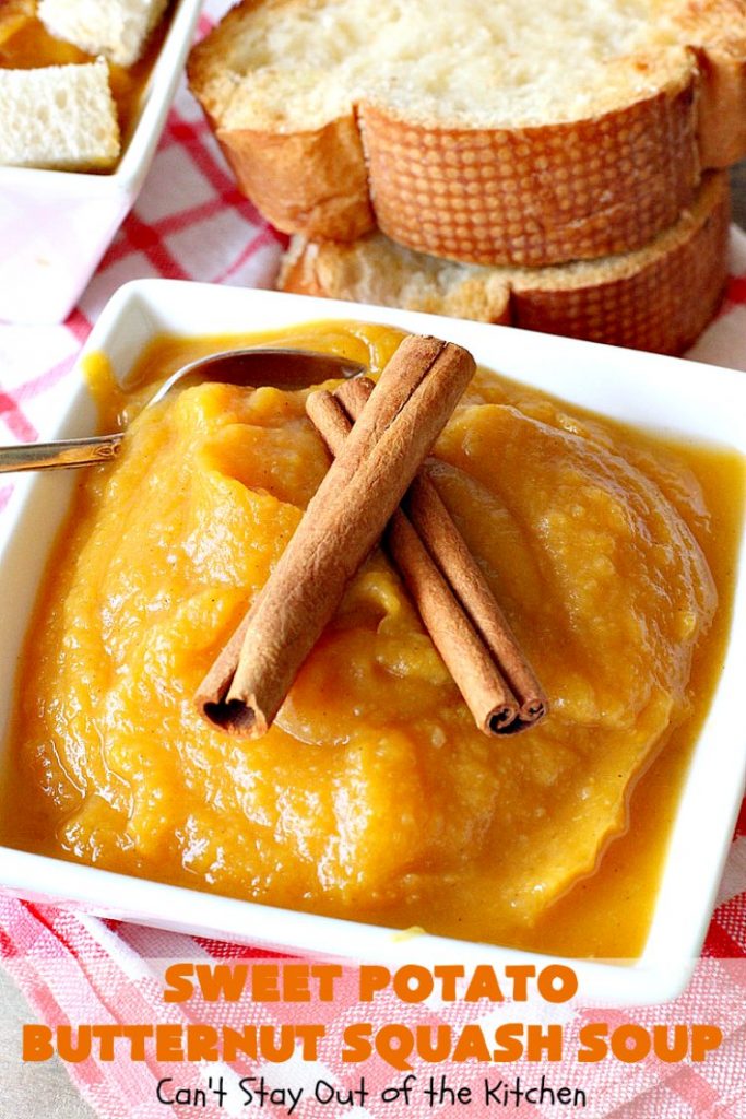 Sweet Potato Butternut Squash Soup | Can't Stay Out of the Kitchen | this delectable 30-minute #soup is amazing comfort food. It's terrific for cold, winter days. It's healthy, #glutenfree & #vegan. #apples #butternutsquash #sweetpotatoes 